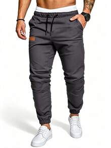 Manfinity Homme Pantalones para hombre con detalle de parches y cintura con cordón - Gris Oscuro - Ver 4
