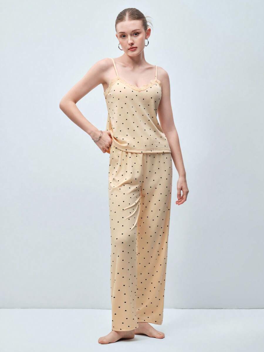 Softvol Women's Sleepwear Set,Yellow Heart Print Knitted Ribbed Contrast Lace Camisole And Long Pants, Cute Chic Summer Sleep Stylish Sweet Pajamas Set - Apricot - View 1
