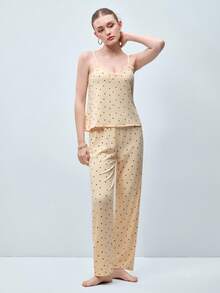 Softvol Women's Sleepwear Set,Yellow Heart Print Knitted Ribbed Contrast Lace Camisole And Long Pants, Cute Chic Summer Sleep Stylish Sweet Pajamas Set - Apricot - View 5