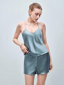Softvol Satin Cami Top With Shorts PJ Set / Pajama Set - Dusty Blue - View 5