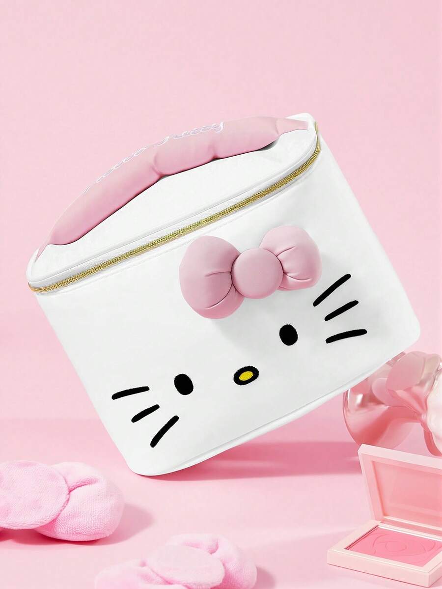 HELLO KITTY AND FRIENDS | SHEIN 可愛貓咪印花大容量聚酯纖維化妝包,附3D蝴蝶結與提把,旅行與日常使用化妝收納袋 - 粉色蝴蝶結款 - 查看 1
