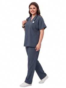 TaskEZ Dark Gray Drop Shoulder Short Sleeve Front Pocket V-Neck Loose Minimalist Comfortable Plus Size Scrub Top - Grey - View 5