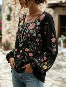Selamara Floral Print Lantern Sleeve Casual Loose Fit Top - Black - View 8