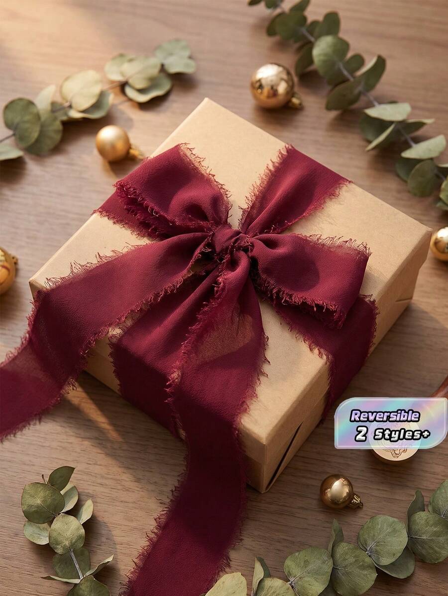 1/3卷酒红色手工雪纺丝带流苏，勃艮第雪纺丝带，适用于花束、礼品包装、婚礼请柬、新娘花束、礼品包装、工艺品、节日派对装饰等，手工流苏丝带，圣诞装饰雪纺丝带