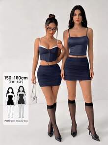 SHEIN PETITE 雙層網紗遮臀裙 海軍藍 秋季 性感 夜店外出穿搭 - 藏蓝色 - 查看 3
