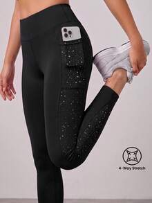 SHEIN Tween Girl Contrast Panel Phone Pocket Top-Stitching Active Leggings, Autumn Winter, Fall, Back To School, Yoga, Running, Cycling, Gym, Workout - Black - View 1