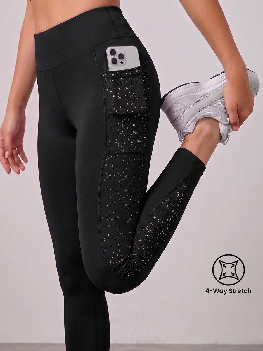 SHEIN Tween Girl Contrast Panel Phone Pocket Top-Stitching Active Leggings, Autumn Winter, Fall, Back To School, Yoga, Running, Cycling, Gym, Workout - Black - View 1