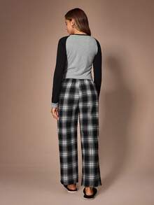 Lazeform Contrast Color Raglan Sleeve Henley Neck Pajama Set, Classic Plaid Home Wear 2 Pieces Set - Black - View 2