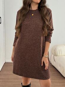 SHEIN LUNE Plus Size Casual Long Sleeve Dress, Autumn Fall - Brown - View 1