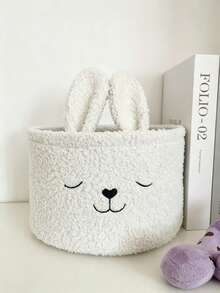 1 Pack Curing Rabbit Teddy Velvet Storage Basket Stereo Rabbit Ears Large Capacity Clothes Storage Bucket Bedroom Home Decoration Easter Bunny Storage Basket Rabbit Shape Storage Basket - View 4