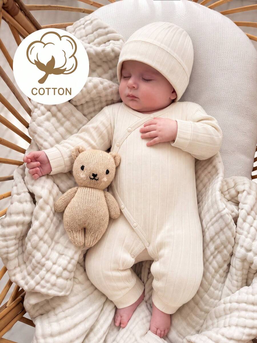 SHEIN Newborn Apricot Soft Comfortable Cotton Ribbed Fabric Diagonal Collar Long Sleeve Romper + Hat Set - Apricot - View 1