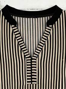 EMERY ROSE Women's Casual Striped V-Neck Top, White And Brown Color-Blocked Bohemian Vacation Shirt For Summer - Multicolor - View 4