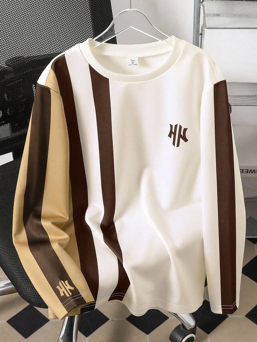 SHEIN Casuvi Kids 青少年男孩圓領長袖對比領口與袖口春秋款T恤 - 彩色 - 查看 1