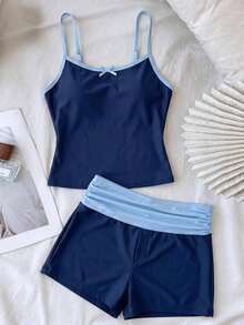 SHEIN Tween Girl Blue Bow Kids Sweet Dual-Tone Pleated Design Camisole And Shorts Set - Blue - View 1
