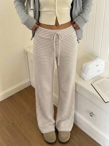 CovetEZ Women Striped Knit Lounge Pants Comfortable Drawstring Wide Leg Trousers For Casual Wear - Khaki - View 1