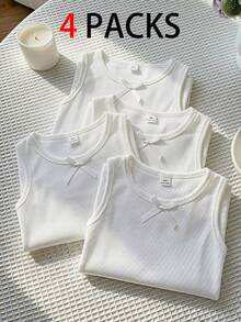 SHEIN 4件組青少年女孩純色蝴蝶結裝飾細肩帶背心 - 白色 - 查看 2