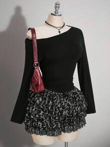 SHEIN ICON Plus-Size Y2K-Style Long-Sleeve Knit Top Featuring An Open-Shoulder Design And A Distressed, Open-Back Detail; Perfect For Music Festivals, Raves, And - Black - View 3