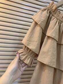 Franclia Blus Ruffle Warna Polos Kasual Musim Panas untuk Wanita - Khaki - View 3