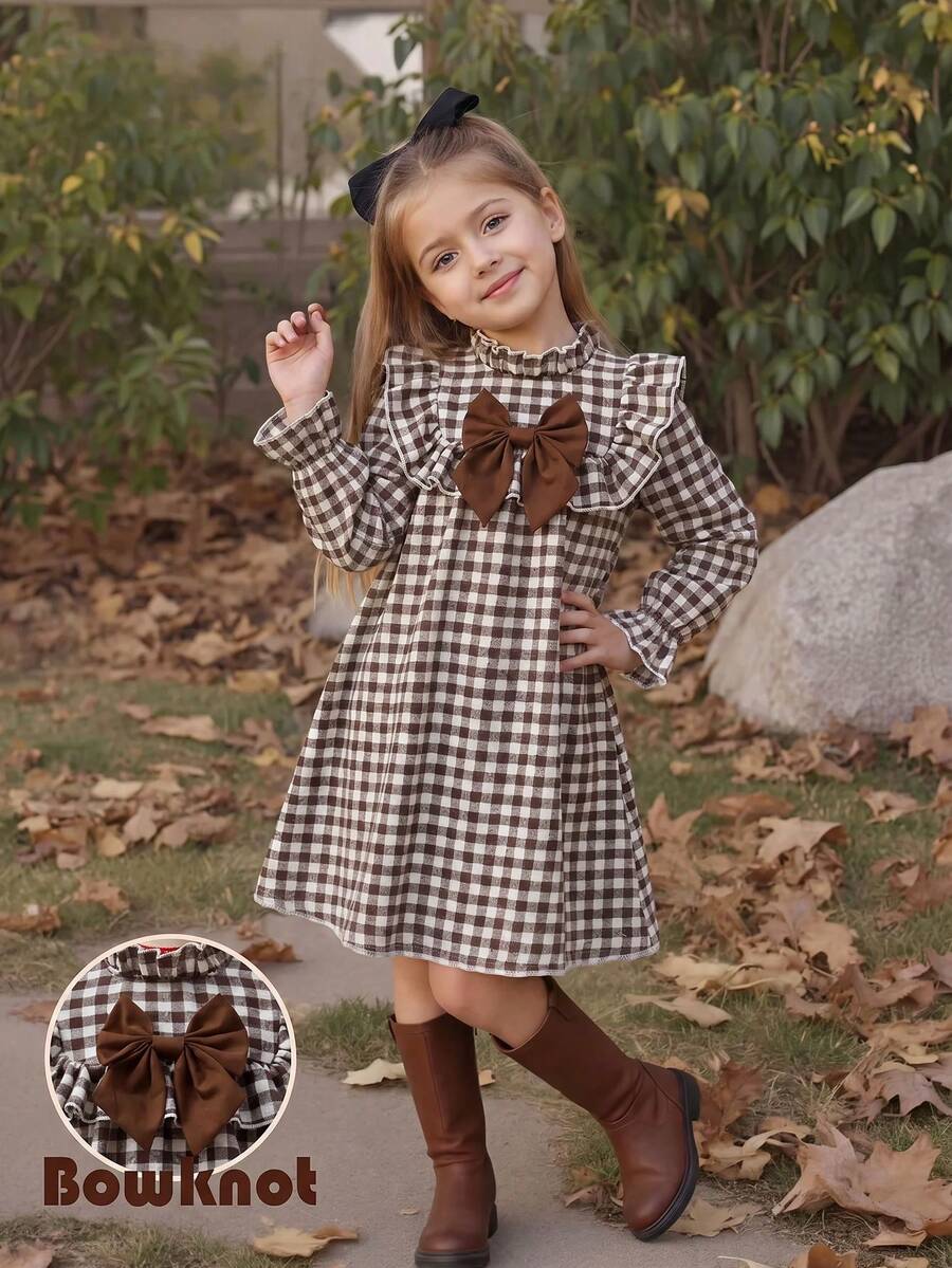 Emery Rose Kids Emery Rose Kids 兒童少女可愛度假休閒杏色格紋蝴蝶結長袖寬鬆連身裙 秋季花卉洋裝 校服 開學穿搭