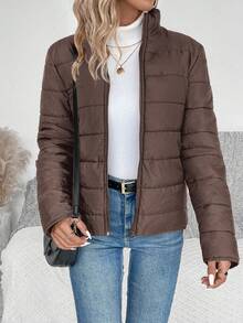 EMERY ROSE Women Solid Color Long Sleeve Zipper Stand Collar Casual Winter Jacket Fall Cloth For Women - Coffee Brown - View 8