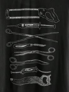 ROMWE Grunge Punk 暗黑龐克大尺碼女款 T-shirt 網格拼接武器印花寬鬆長袖上衣 街頭音樂節休閒穿搭 - 黑色 - 查看 4