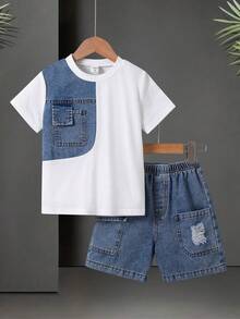 SHEIN Little Byeori 儿童牛仔拼接圆领T恤和牛仔裤两件套，休闲日常穿着，适合通勤、上学、日常休闲、运动、春夏穿着。 - 白色 - 查看 6