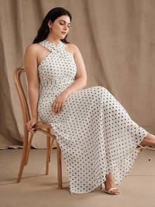 Anewsta Gaun Plus Size Musim Semi/Gugur Elegan Bergaya Surgawi untuk Pernikahan, Pesta, Acara Santai, Gaun Maxi Panjang Formal Putih dengan Leher Halter dan Detail Kerut yang Seksi - Putih - View 4
