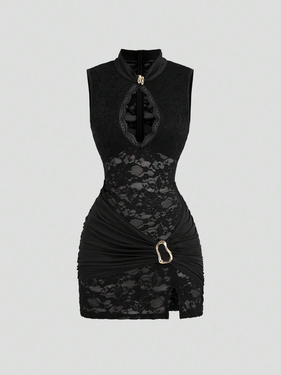 Sweetra Gaun Mini Bodycon Seksi Transparan untuk Pesta Liburan dengan Belahan Pendek dan Patchwork Renda - Hitam - View 1