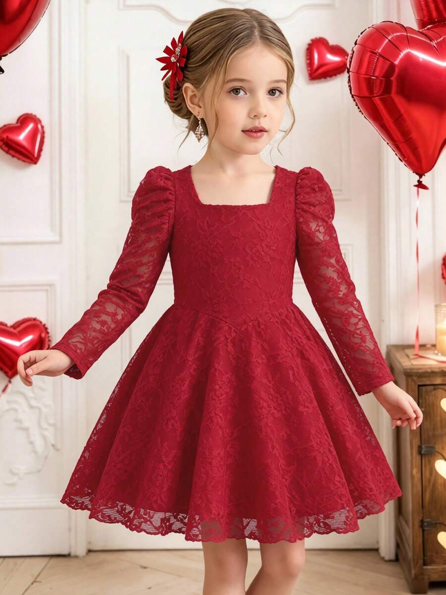 SHEIN Elladie kids 優雅紅色蕾絲公主禮服，甜美方領泡泡長袖A字長裙，適合聖誕新年節日派對 - 紅色 - 查看 1