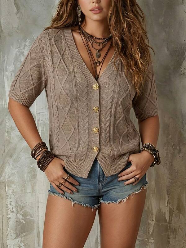 Linhara CURVE French Vintage Argyle Cable Knit Short Sleeve Cardigan, V-Neck Metal Flower Button Loose Slimming Cropped Top Fall