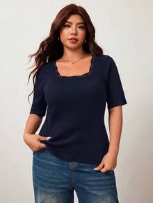 Enliva Kaos Wanita Ukuran Besar, Elastisitas Tinggi, Potongan Slim Fit, Lengan Pendek, Leher Persegi, Ramah Kulit, Gaya Musim Semi/Panas, Detail Renda di Garis Leher - Navy Blue - View 6