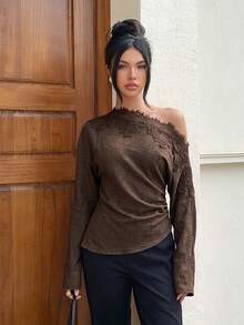 Siren Gaze Women's Solid Color Contrast Lace Asymmetric Shoulder Long Sleeve Fashion Top - Chocolate Brown - View 7