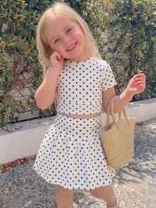 SHEIN Elladie kids 2件/組 女童圓點荷葉邊短袖T恤與休閒時尚裙組，夏季 - 黑與白 - 查看 10
