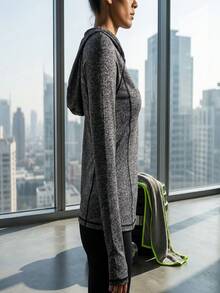 Eassivo Front Zipper Hooded Sports Fitness Jacket - Grey - View 4