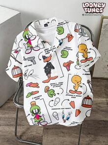 LOONEY TUNES X SHEIN Manfinity Joysei 男士全印花休閒百搭日常短袖襯衫 - 白色 - 查看 1
