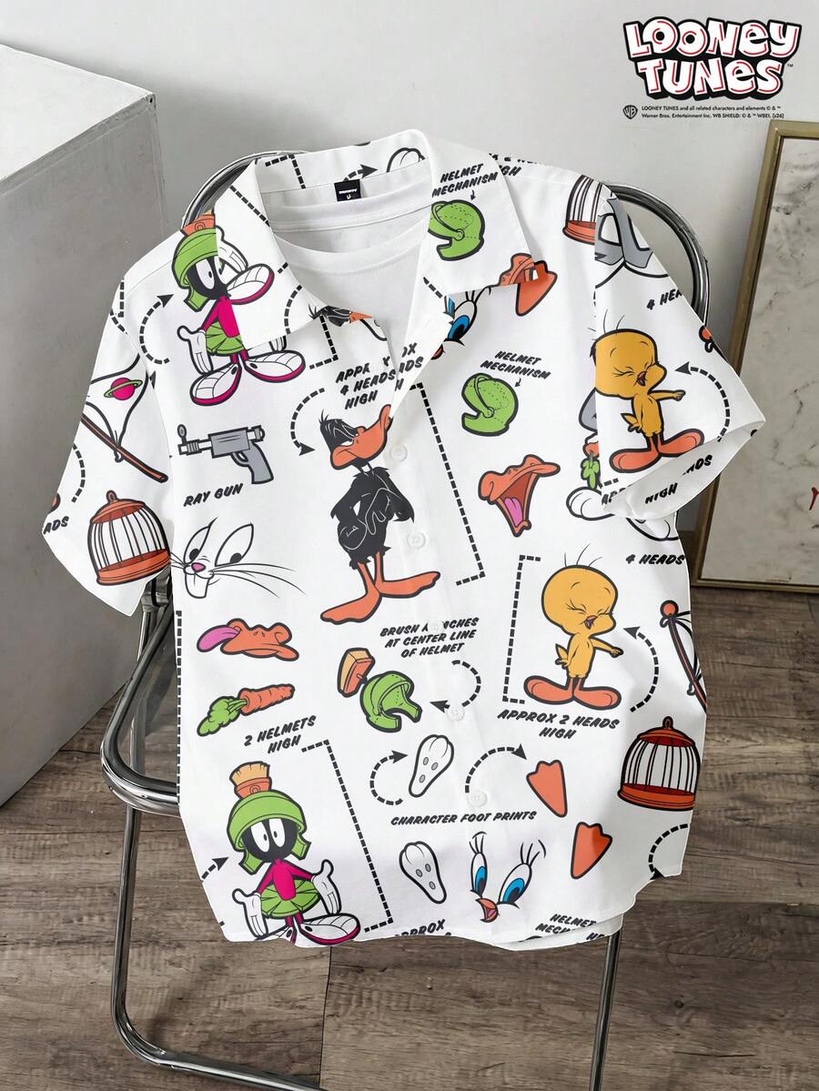 LOONEY TUNES X SHEIN Manfinity Joysei 男士全印花休閒百搭日常短袖襯衫 - 白色 - 查看 1