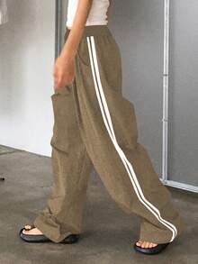 DAZY Women's Elastic Waist Patchwork Webbing Loose Street Style Long Pants, All Season Fall - Mocha Brown - View 4