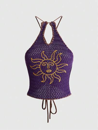 Top tricoté femme style hippie automne/hiver, violet avec broderie soleil et bordure marron, col licou à nouer