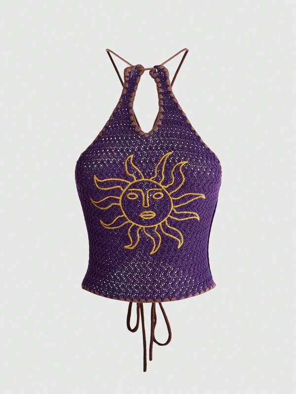 ROMWE Autumn/Winter Hippie Sun Embroidery Purple With Brown Trim Halter Neck Tie Women's Knitted Top