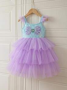SHEIN Glamorique Kids 女童公主洋裝 紫色層次薄紗公主禮服 生日派對 派對穿著 婚禮度假洋裝 奢華風格 中東、歐洲與美洲 - 綠色 - 查看 1