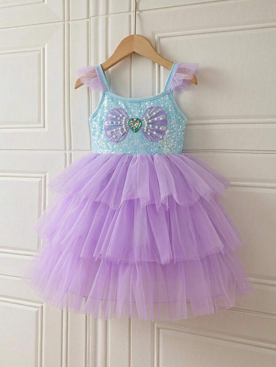 SHEIN Glamorique Kids 女童公主洋裝 紫色層次薄紗公主禮服 生日派對 派對穿著 婚禮度假洋裝 奢華風格 中東、歐洲與美洲 - 綠色 - 查看 1