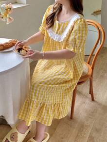 Dazy Plus Cute Patchwork Frill Trim Loose Plaid Yellow Spring Summer Autumn Home Wear Long Nightgown - Yellow - View 3