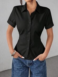 SHEIN PETITE 女款夏季休閒百搭純色收腰上衣 - 黑色 - 查看 8