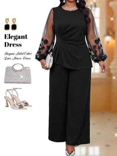 Fleurora Plus Size Elegant Party Floral Embroidered Mesh Patchwork Top And Pants 2 Pieces Set