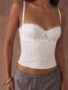 SHEIN BAE Women's Polka Dot Print Lace Patchwork Camisole Top,Summer Top - White - View 7