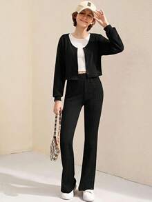 SHEIN 青少年女孩1入組前紐扣T恤&1入組喇叭褲 - 黑色 - 查看 3