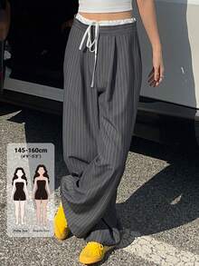 DAZY Women's Striped Wide Leg Loose Casual Pants With Waist Tie Fall - Grey - View 1