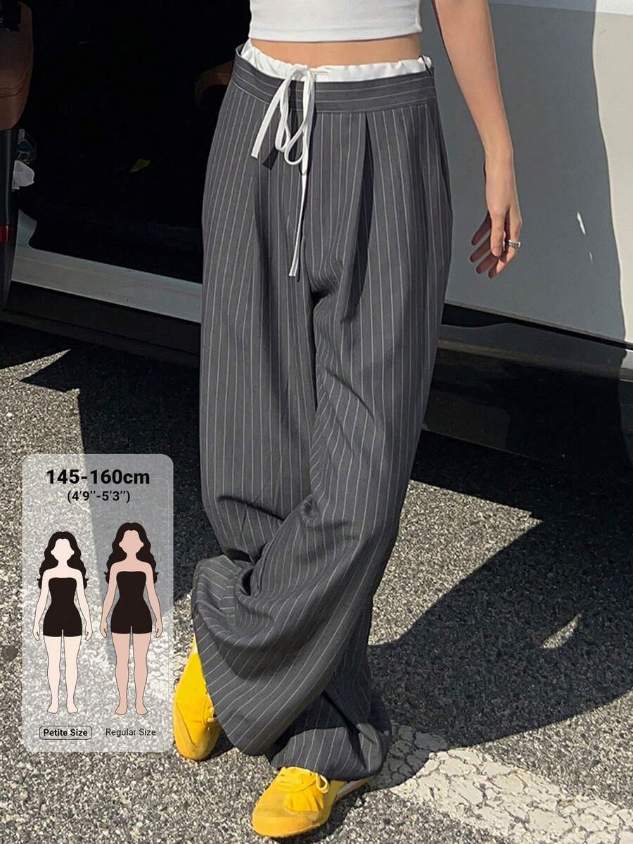 DAZY Women's Striped Wide Leg Loose Casual Pants With Waist Tie Fall - Grey - View 1
