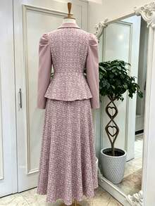 Modelyn Plus Size Elegant Commuter Jacquard Patchwork Shirt & Skirt 2 Pieces Set - Dusty Pink - View 2