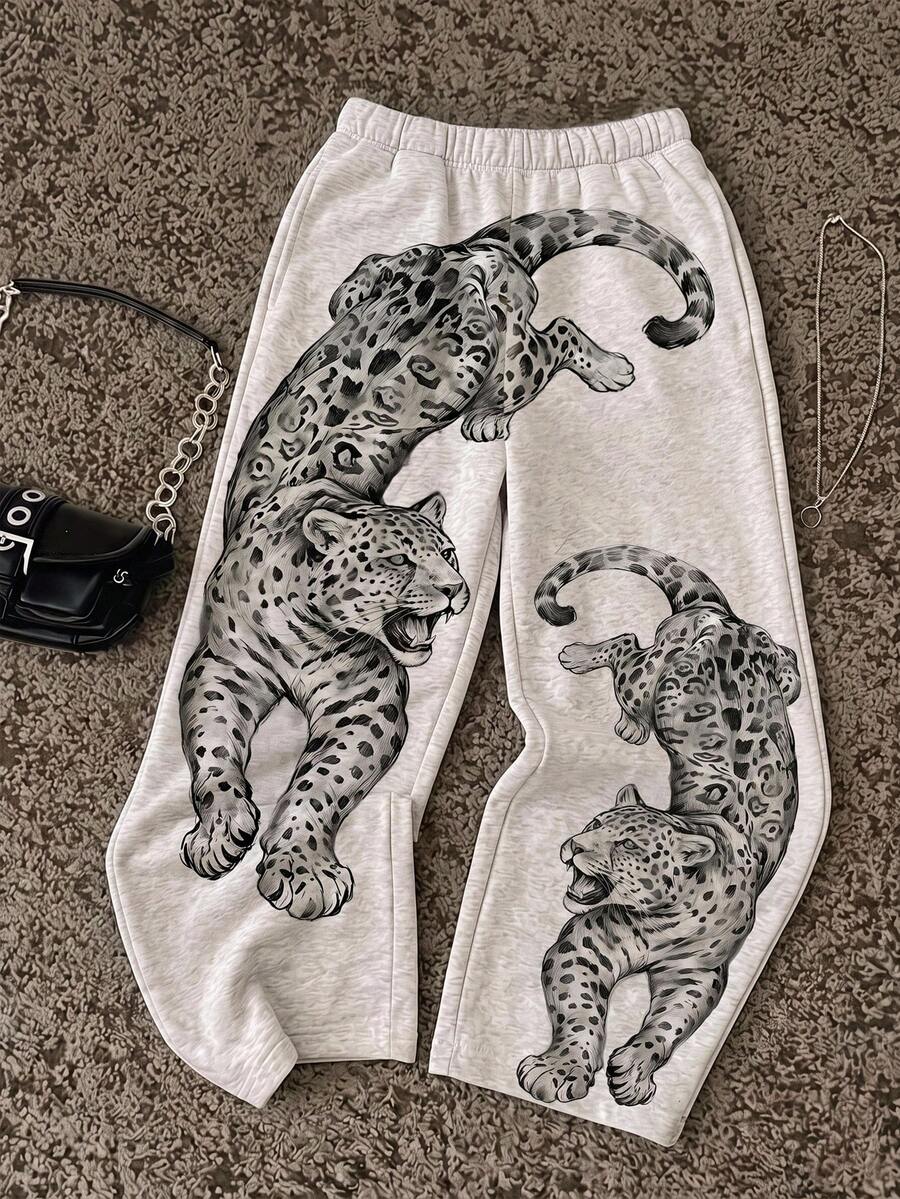 SHEIN EZwear 女款休閒低腰直筒運動長褲,復古虎紋印花機場風淺灰色夏季款 - 彩色 - 查看 1
